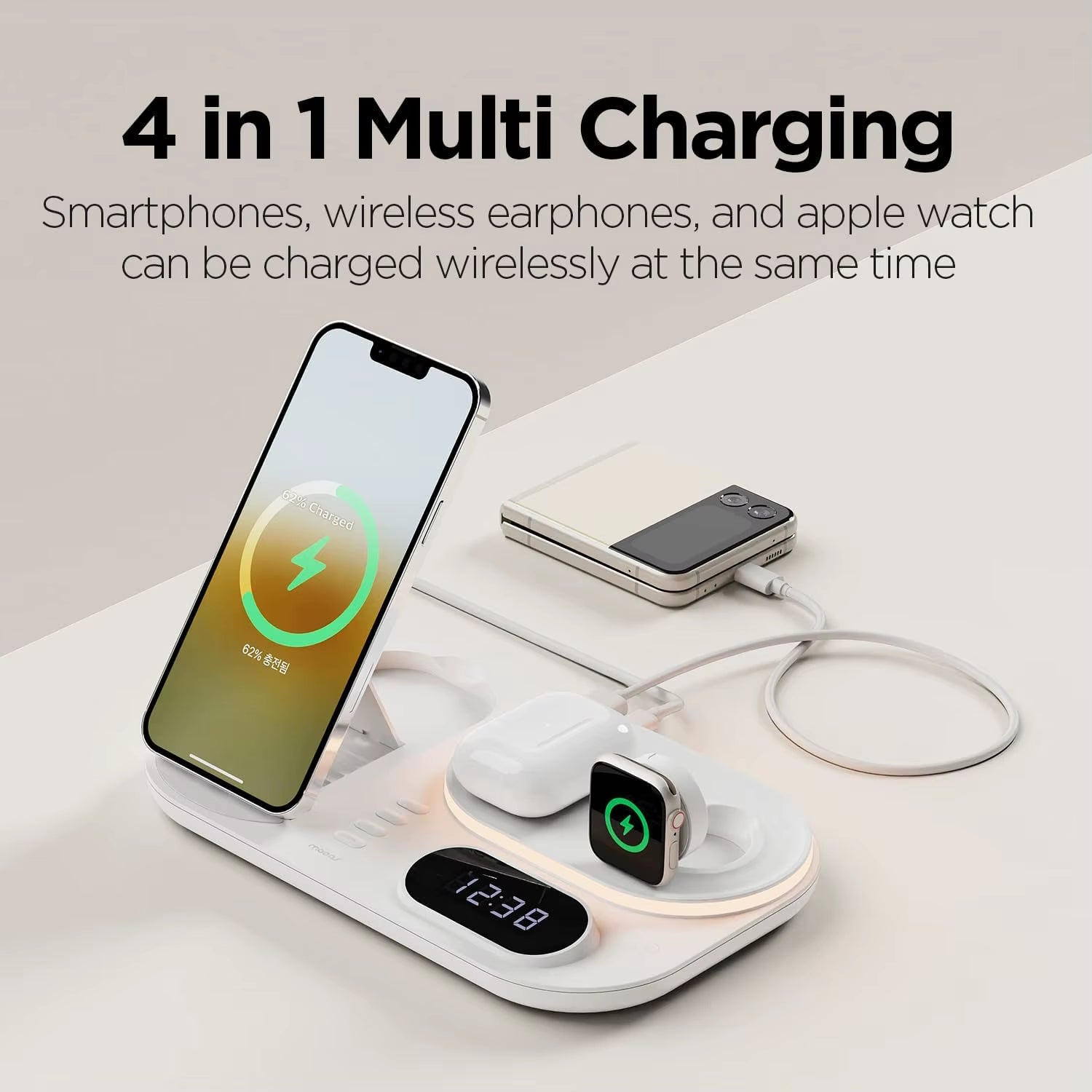 Wireless Charger for Iphone 3 in 1 Fast Wireless Charging Station with Clock Night Light for Apple Watch Ultra/9/8/7/6 Series