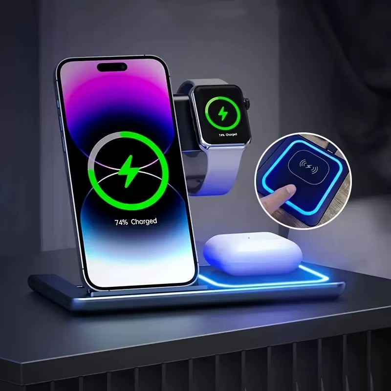 30W LED Fast Wireless Charger 3 in 1 Foldable Charging Station for Iphone 16 15 14 13 12 11 Apple Watch 9 8 7 6 5 Airpods Pro/3