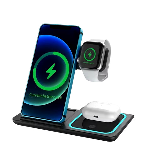 30W LED Fast Wireless Charger 3 in 1 Foldable Charging Station for Iphone 16 15 14 13 12 11 Apple Watch 9 8 7 6 5 Airpods Pro/3