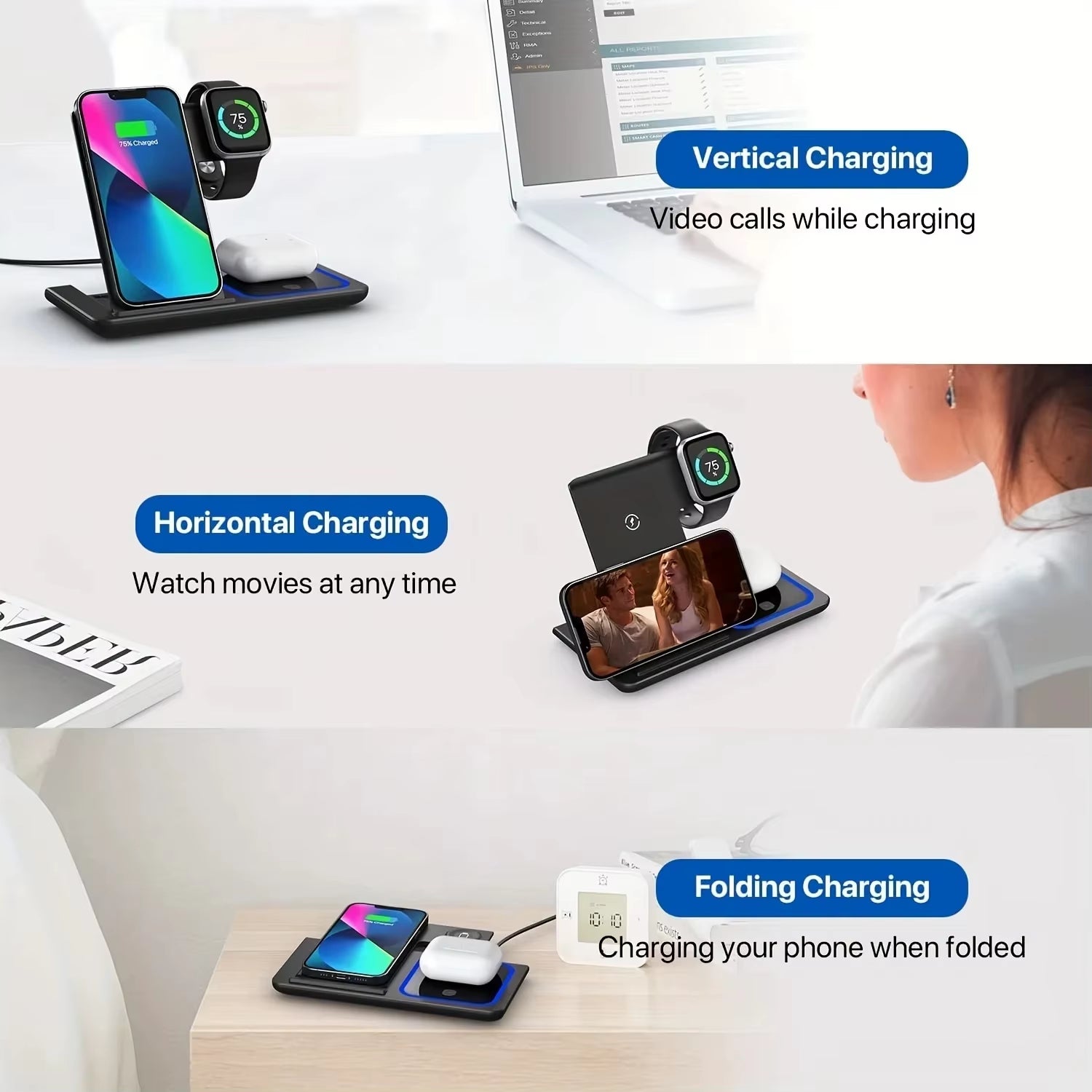 30W LED Fast Wireless Charger 3 in 1 Foldable Charging Station for Iphone 16 15 14 13 12 11 Apple Watch 9 8 7 6 5 Airpods Pro/3