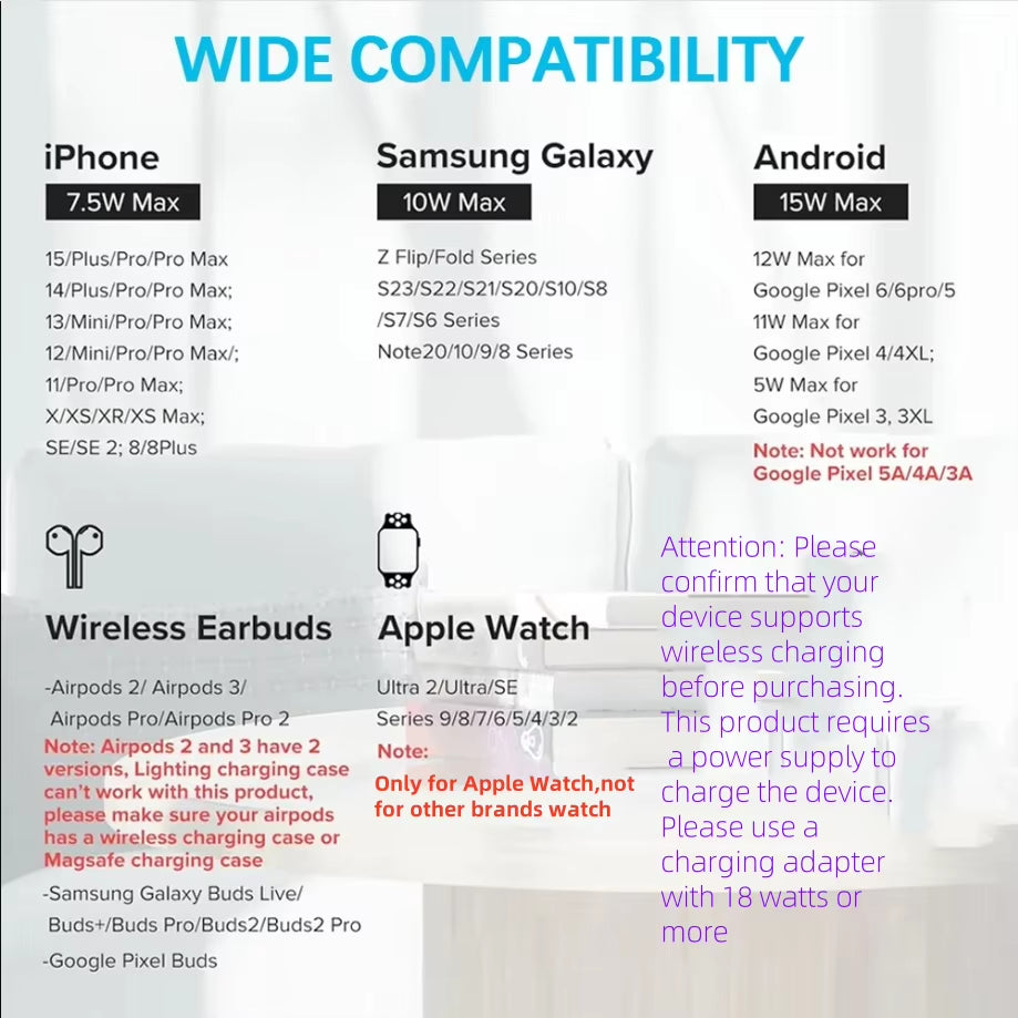 30W LED Fast Wireless Charger 3 in 1 Foldable Charging Station for Iphone 16 15 14 13 12 11 Apple Watch 9 8 7 6 5 Airpods Pro/3