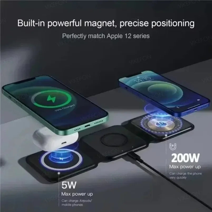 Foldalble Magnetic Wireless Charger Pad 3 in 1 Fast Charging Station for Iphone 15 14 13 12 Pro Max Apple Watch 8 7 6 Airpods